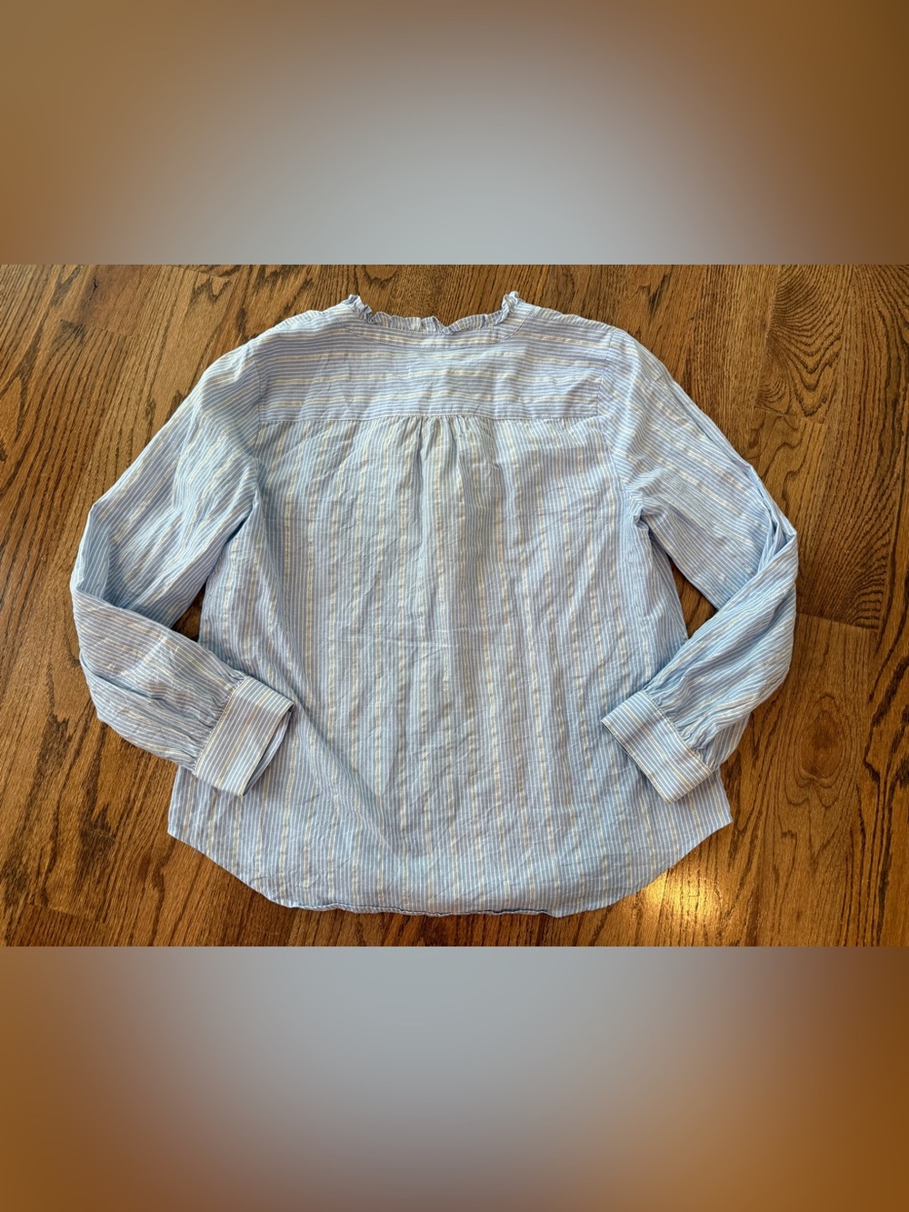 Talbots FOREST STRIPE RUFFLE POPOVER Light Blue Striped Ruffle Top MP medium - Picture 6 of 6